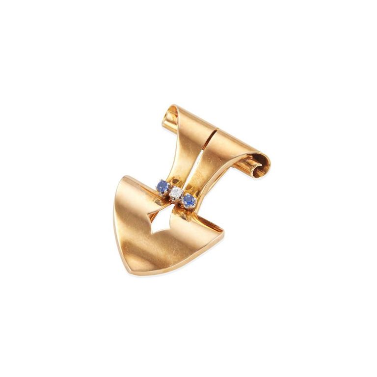 14k Gold, Sapphire and Diamond Clip Brooch
