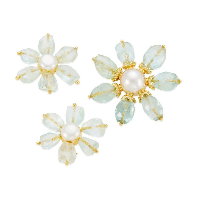 18k Yellow Gold Aquamarine and Pearl Set