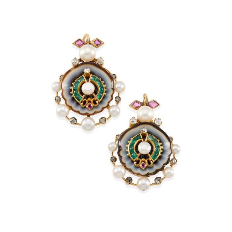 Agate, Emerald, Ruby, Diamond and Pearl Earrings