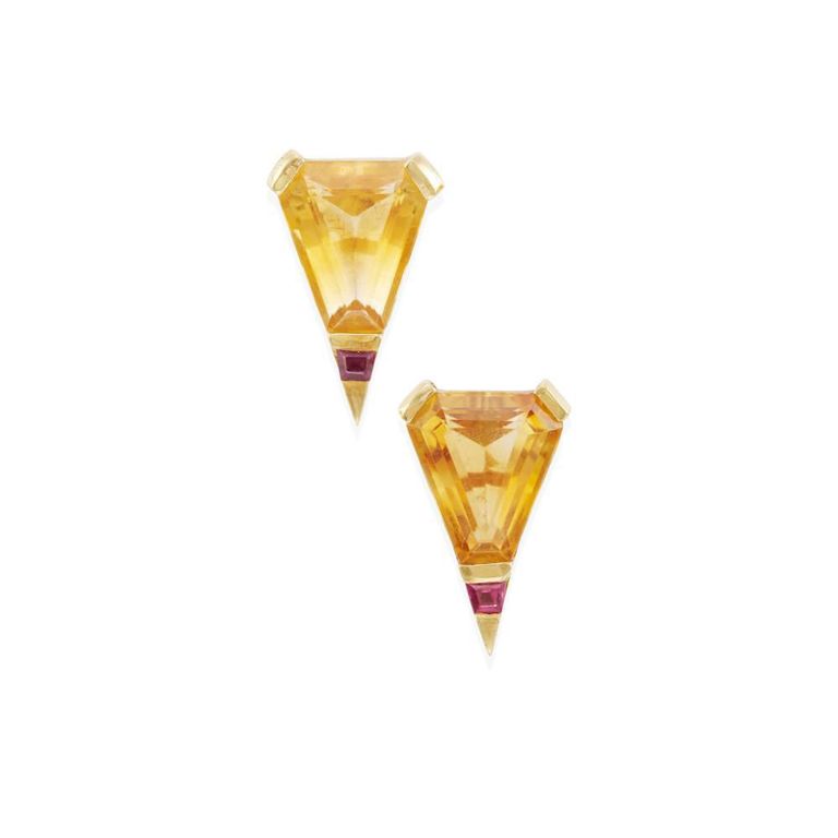14k Yellow Gold Citrine and Ruby Earclips