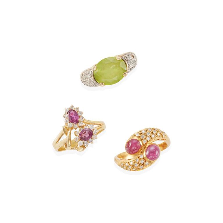 Gold Ruby, Peridot and Diamond Rings