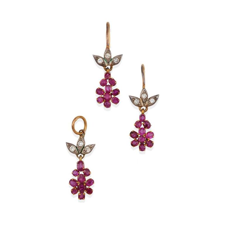 Ruby and Diamond Pendant and Earrings