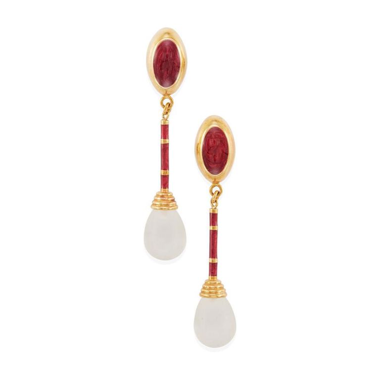 18k Yellow Gold Quartz and Enamel Earclips