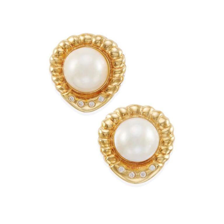 14k Gold Mabé Pearl and Diamond Earclips