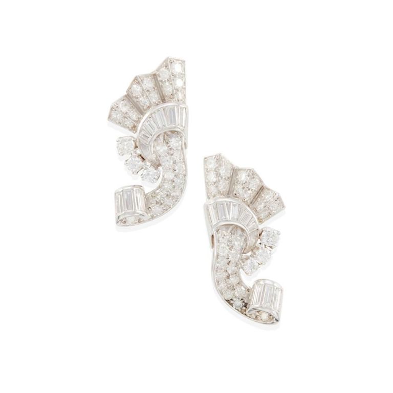 Platinum and 14k White Gold Diamond Earclips