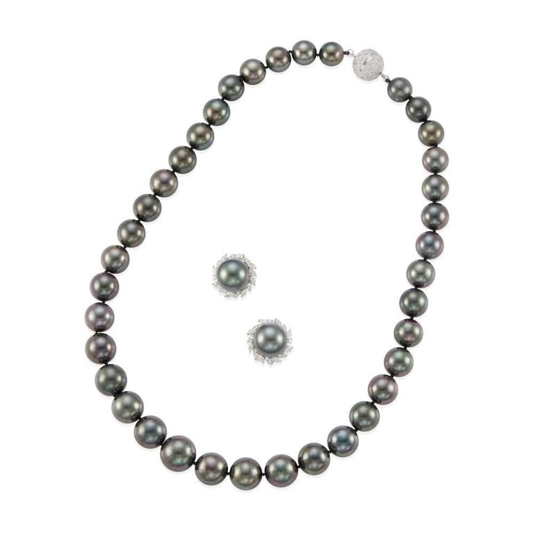 Cultured Pearl and Diamond Necklace and Earclips