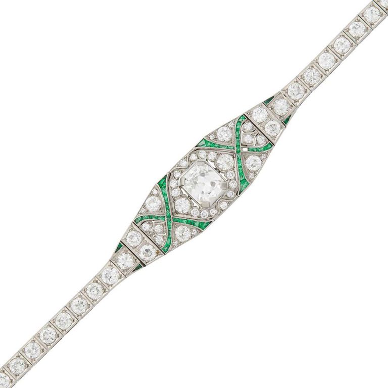Platinum Diamond and Emerald Bracelet