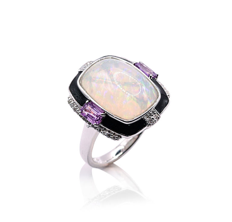 Platinum Opal, Pink Sapphire and Diamond Ring