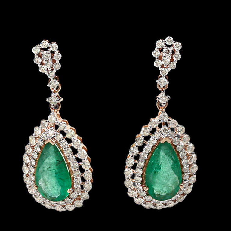 14k Yellow Gold Emerald and Diamond Earrings