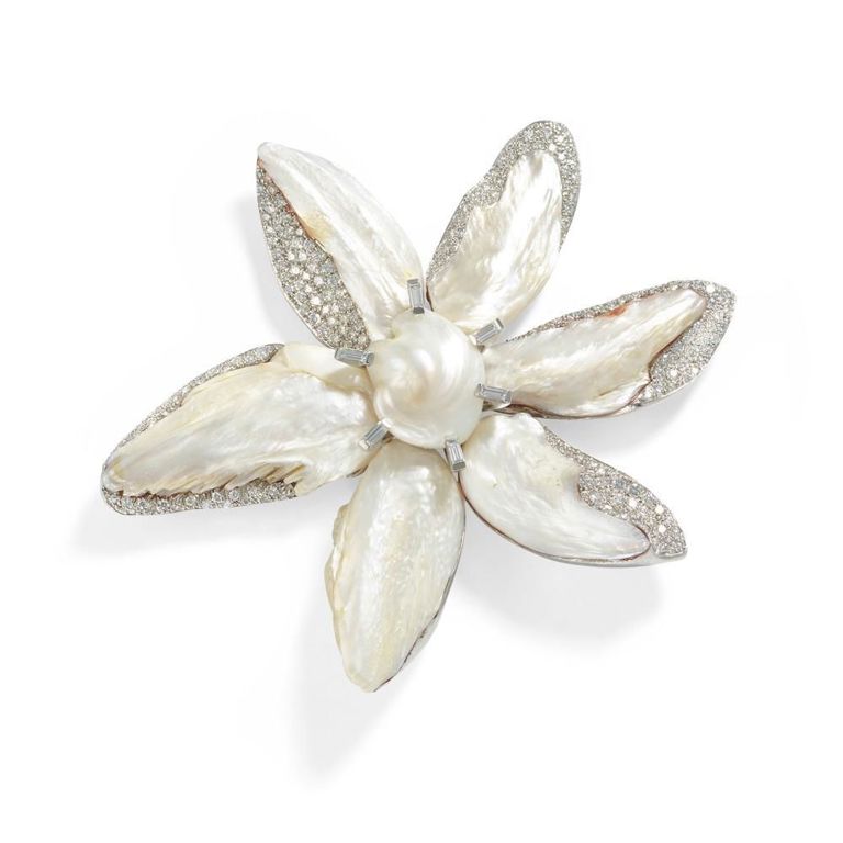 Platinum Cultured Pearl and Diamond Brooch