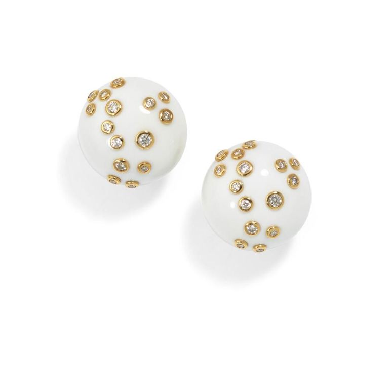 18k Gold White Agate and Diamond Earrings
