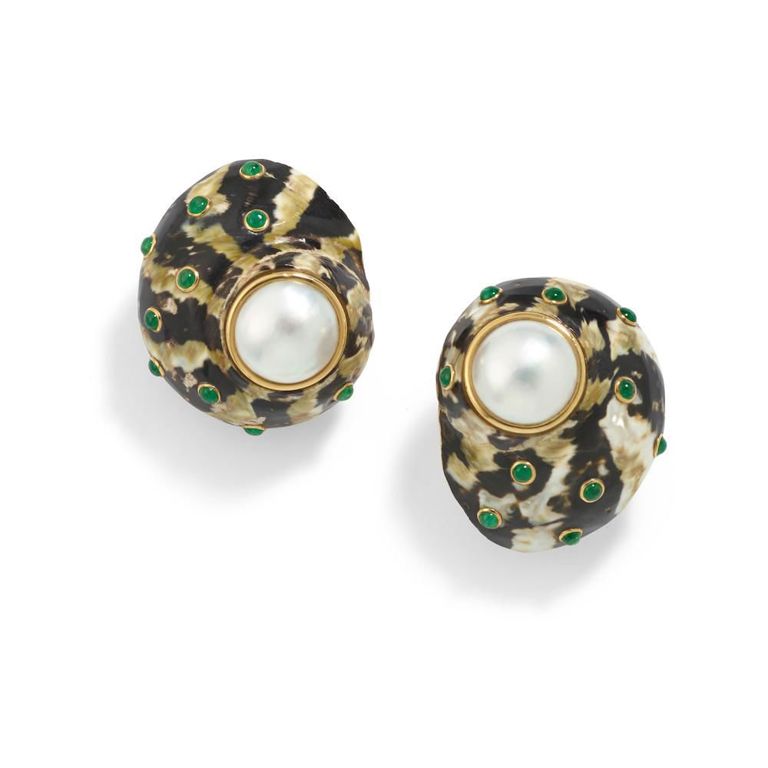 Shell, Mabé Pearl and Emerald Earclips