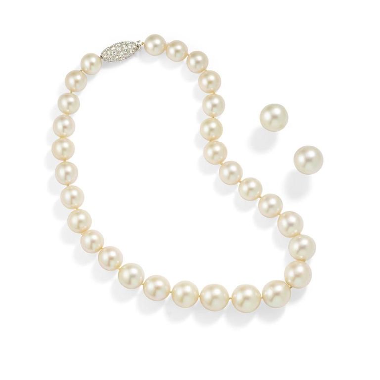 Diamond and Cultured Pearl Necklace and Earrings