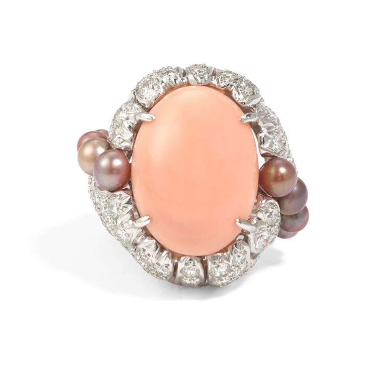 Platinum Coral, Pearl and Diamond Ring