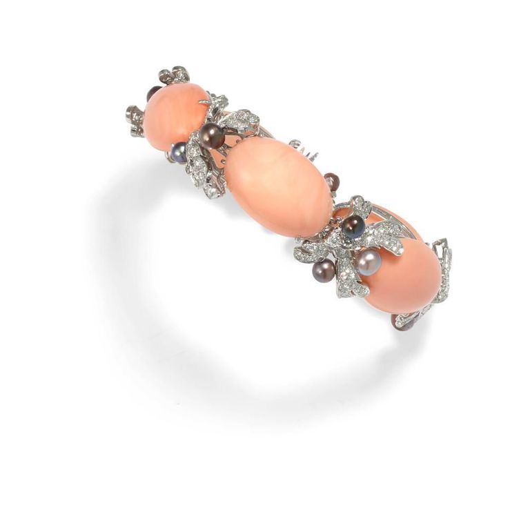 Platinum Coral, Pearl and Diamond Bracelet