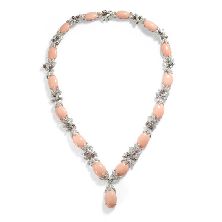 Coral, Cultured Pearl and Diamond Necklace