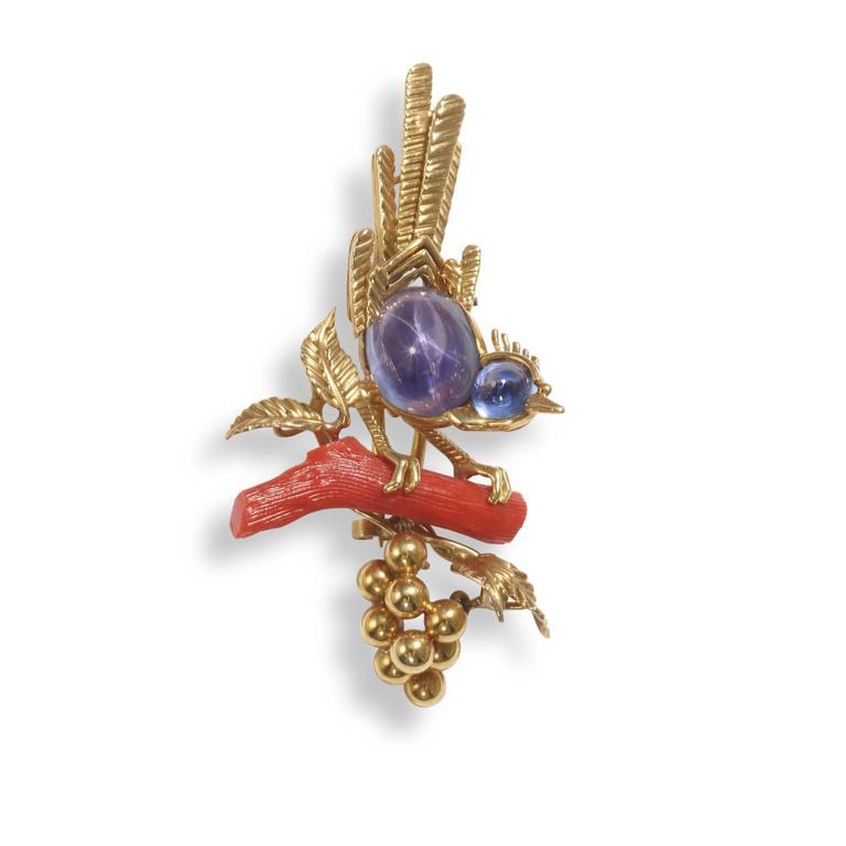18k Gold Sapphire and Coral Clip Brooch