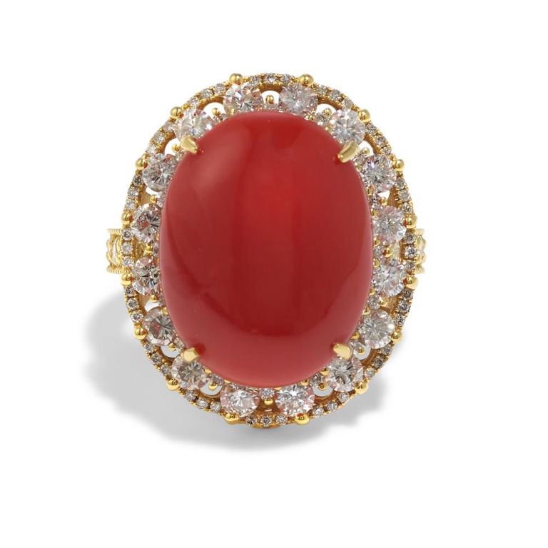 18k Gold Coral and Diamond Ring