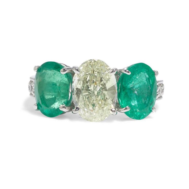 Diamond and Emerald Three-Stone Ring
