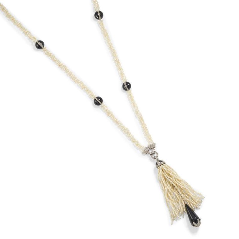 Gold Seed Pearl, Onyx and Diamond Necklace