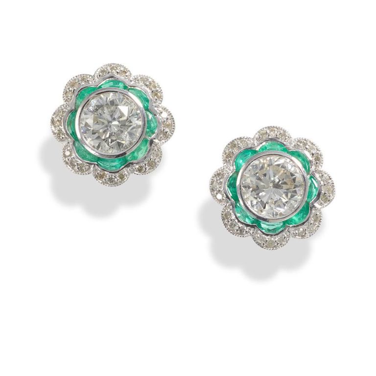 Platinum Diamond and Emerald Earrings
