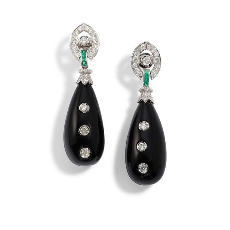 18k White Gold Onyx, Emerald and Diamond Earrings