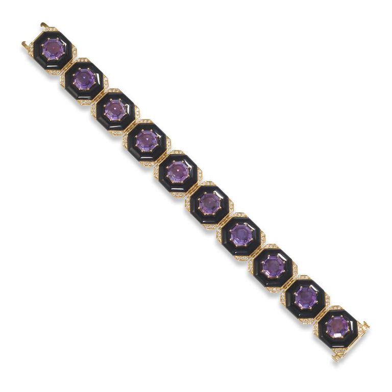 18k Gold Amethyst, Onyx and Diamond Bracelet