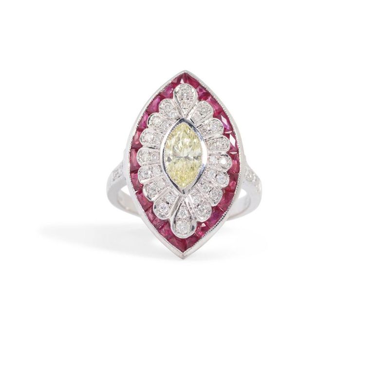 18k White Gold Yellow Diamond and Ruby Ring