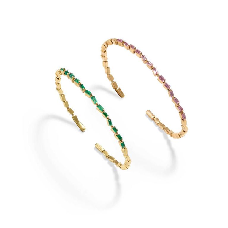 18k Gold Emerald and Pink Sapphire Bracelets
