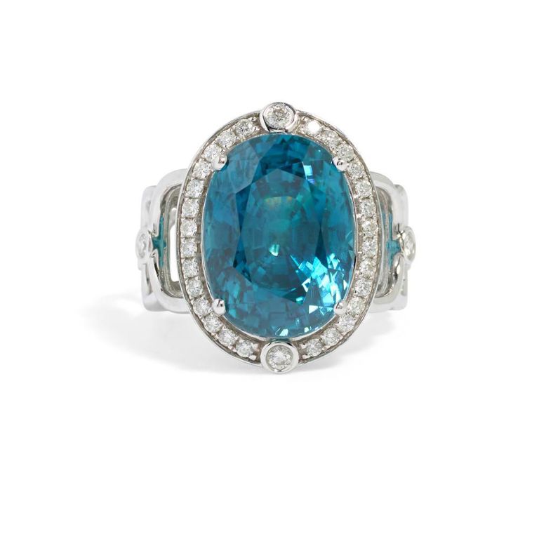 14k White Gold Blue Zircon and Diamond Ring