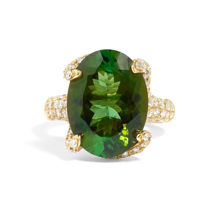 18k Gold Green Tourmaline and Diamond Ring