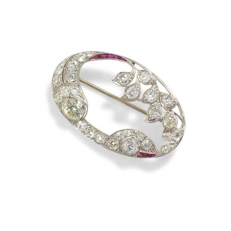 Platinum Diamond and Ruby Brooch