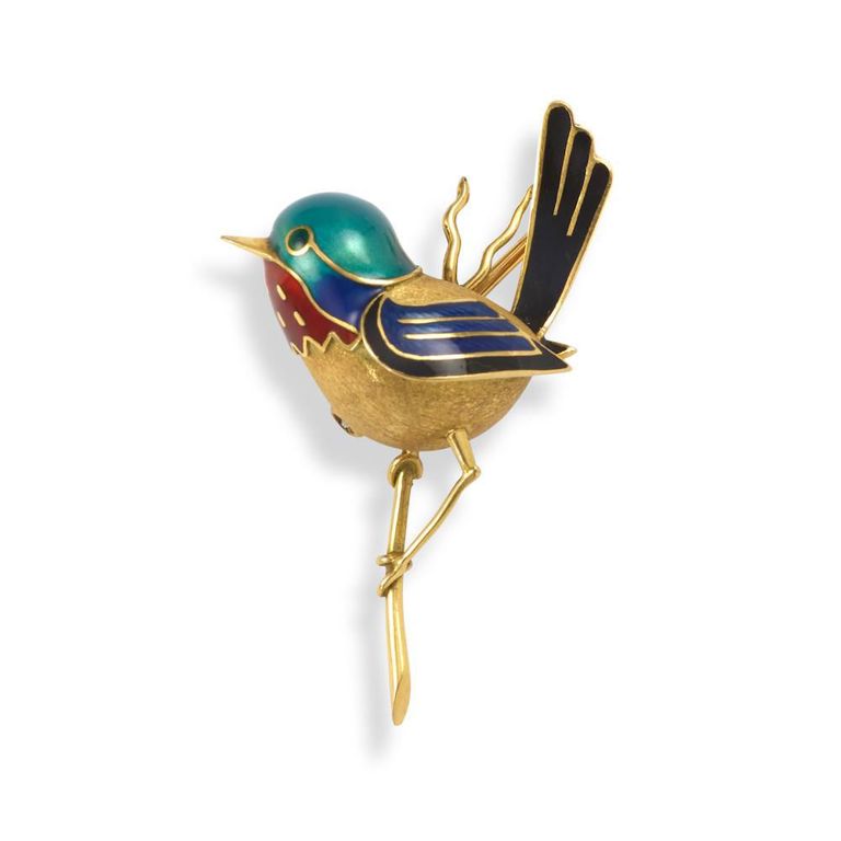 18k Gold Enamel Bird Brooch