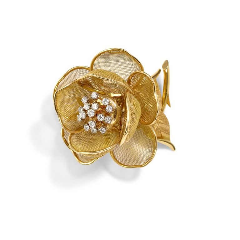 18k Gold Diamond Flower Clip Brooch