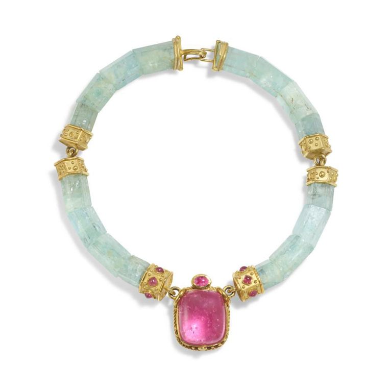 18k Gold Aquamarine and Tourmaline Necklace