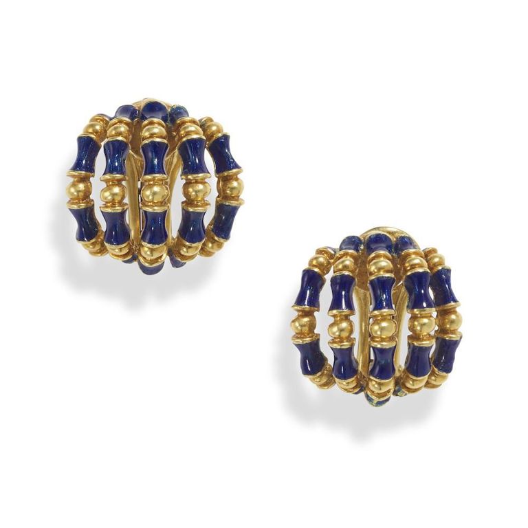 18k Gold and Enamel Bamboo Earclips