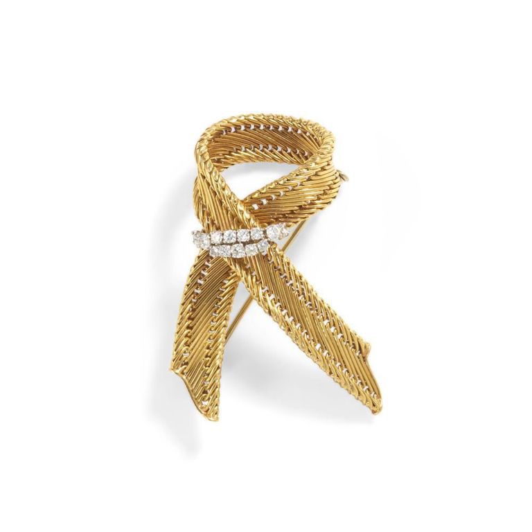 18k Gold and Platinum Diamond Ribbon Brooch