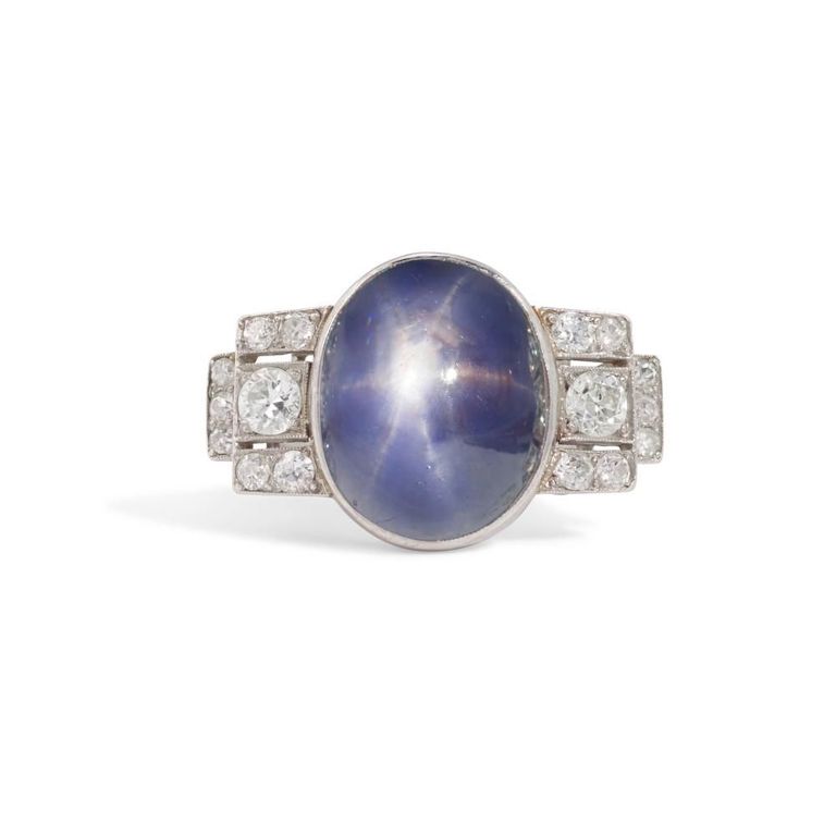 Platinum Star Sapphire and Diamond Ring
