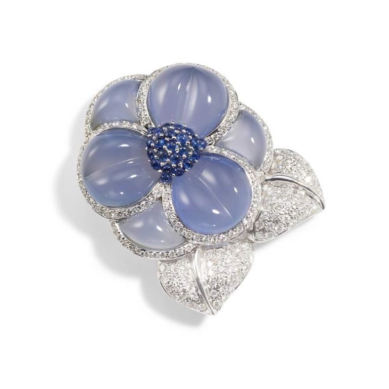Chalcedony, Sapphire and Diamond Brooch