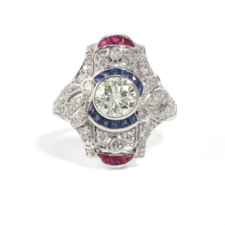 18k White Gold Diamond, Sapphire and Ruby Ring
