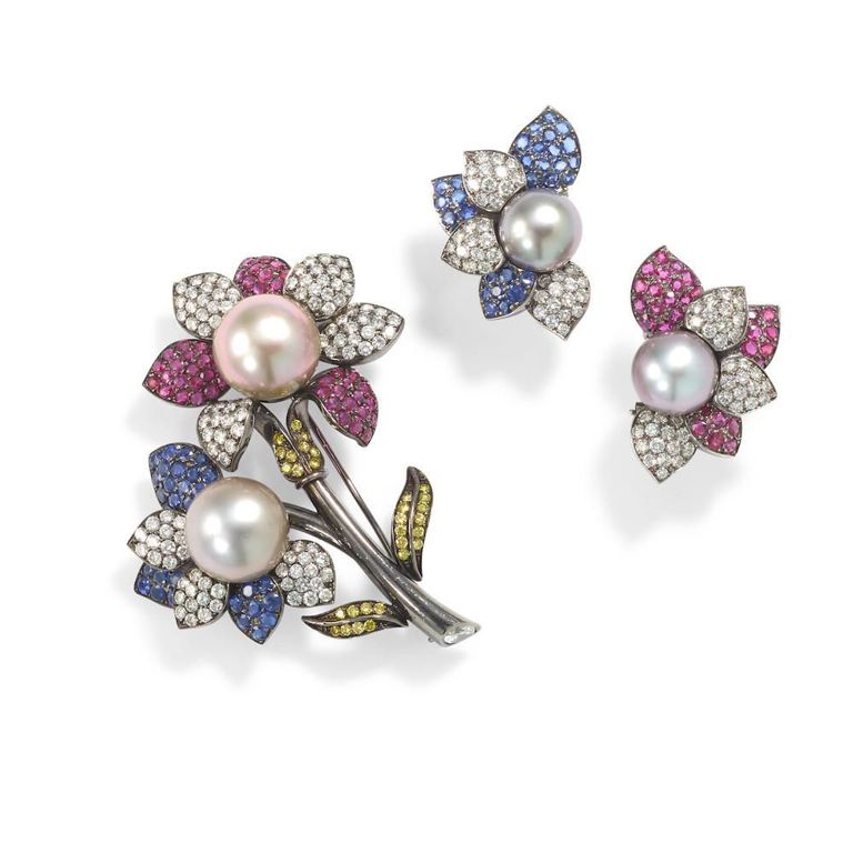 Pearl and Gem-Set Brooch and Earrings