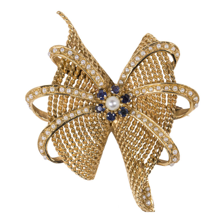 Sapphire and Cultured Pearl Brooch