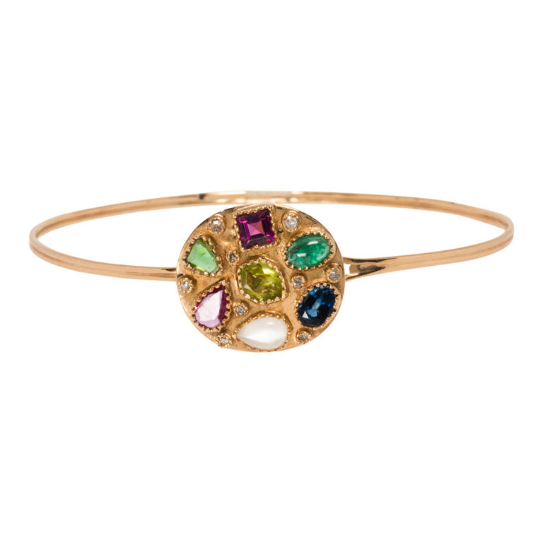 14k Gold Gemstone and Diamond Bangle Bracelet