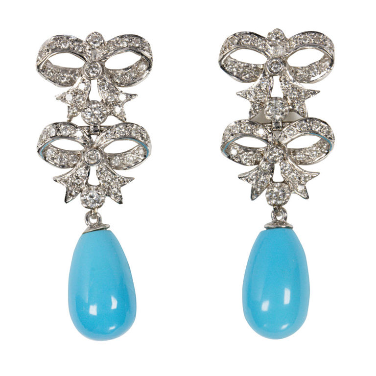 18k White Gold Turquoise and Diamond Earrings