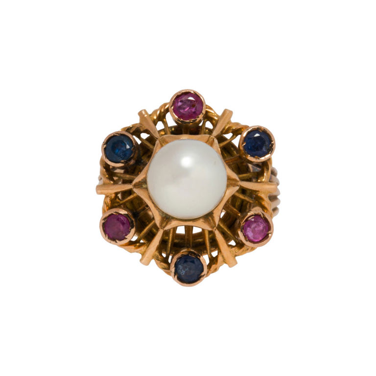 14k Gold Pearl, Ruby and Sapphire Ring