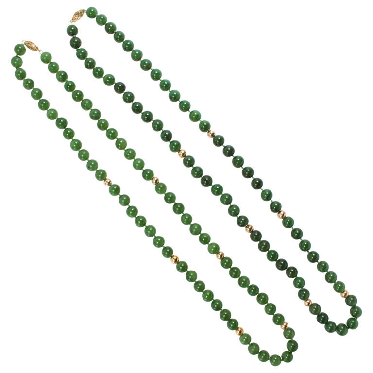 14k Gold Spinach Jade Beaded Necklaces
