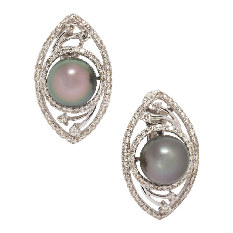 18k Gold Tahitian Pearl and Diamond Earrings