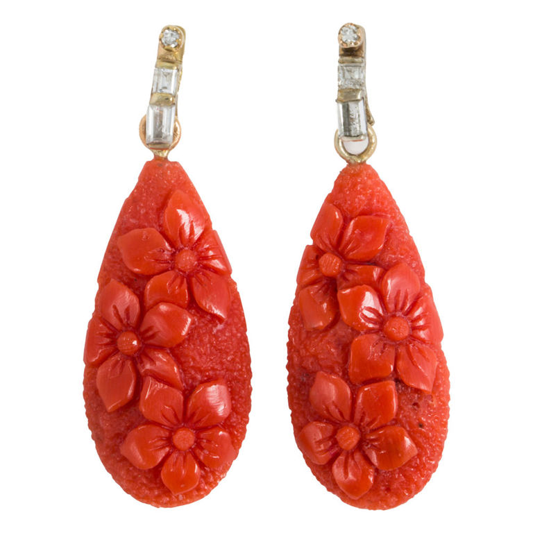 14k Gold Coral and Diamond Earrings