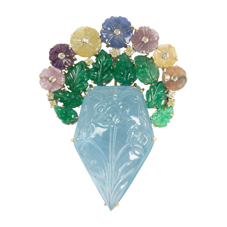 Aquamarine, Emerald, Sapphire and Diamond Brooch