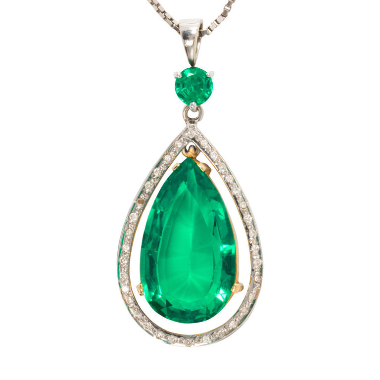 18k White Gold Emerald and Diamond Necklace